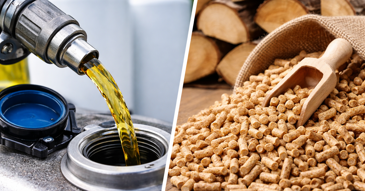 Heizöl und Holzpellets im Vergleich – Bild zeigt Heizöl-Einfüllstutzen und Holzpellets mit Holzscheiten im Hintergrund
