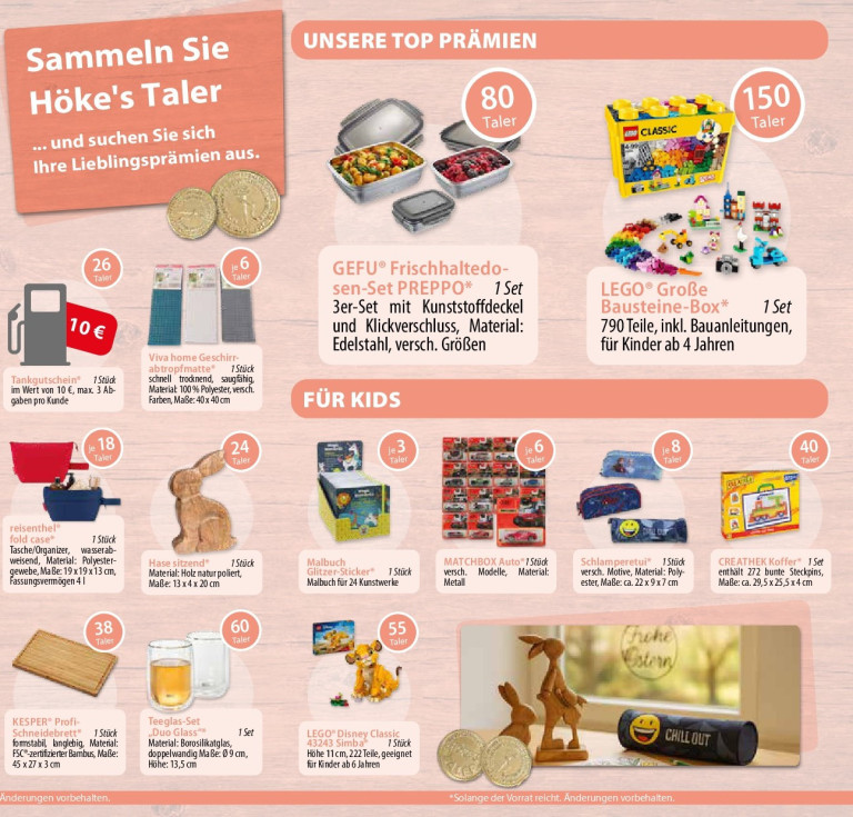 Höke's Taler Prämien: GEFU Frischhaltedosen, LEGO Bausteine, Viva home Abtropfmatte und mehr für Kids und Erwachsene Prämienübersicht von Höke's Taler mit GEFU Frischhaltedosen-Set, LEGO Bausteine-Box, Viva home Geschirr-Abtropfmatte und weiteren Prämien für Kinder und Erwachsene.
