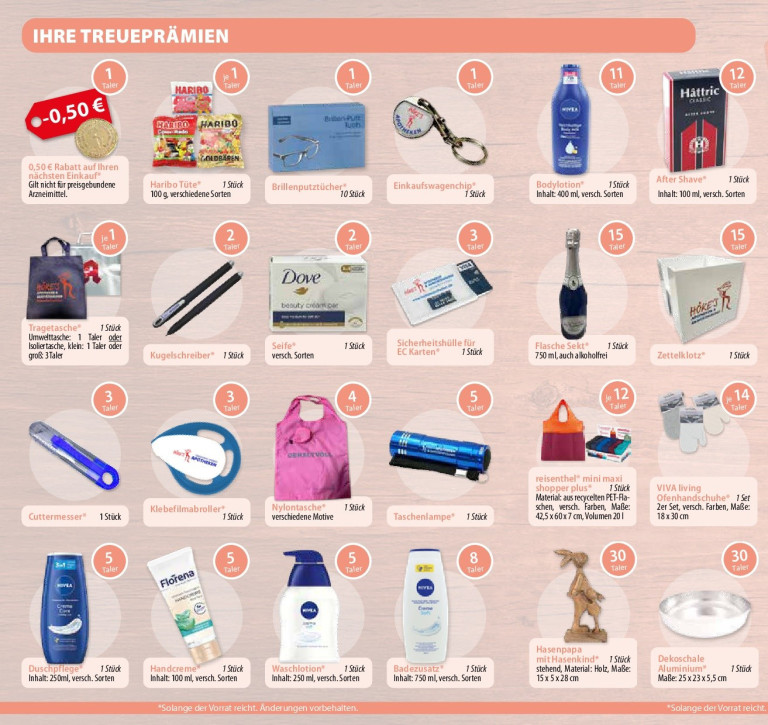 Treueprämien Übersicht Apotheke – Haribo, Nivea, Dove, Sekt, Hase und mehr Übersicht der Treueprämien in der Apotheke, darunter Haribo Tüte, Nivea Produkte, Dove Seife, Sektflasche, Hase aus Holz und weitere Prämien.