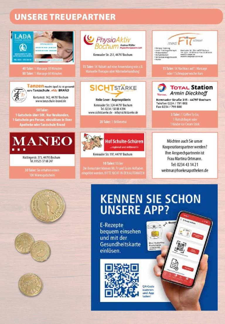 Gutscheine und Rabatte von Tanzschule Brand, Sichtstärke Heike Lexer, Total Station Armin Dieckhoff, MANEO, Hof Schulte-Schüren und Hökes Apotheke in Bochum. Angebote und Gutscheine von Unternehmen wie Tanzschule Brand, Sichtstärke Heike Lexer, Total Station Armin Dieckhoff, MANEO, Hof Schulte-Schüren und Informationen zur Hökes Apotheke Bochum.