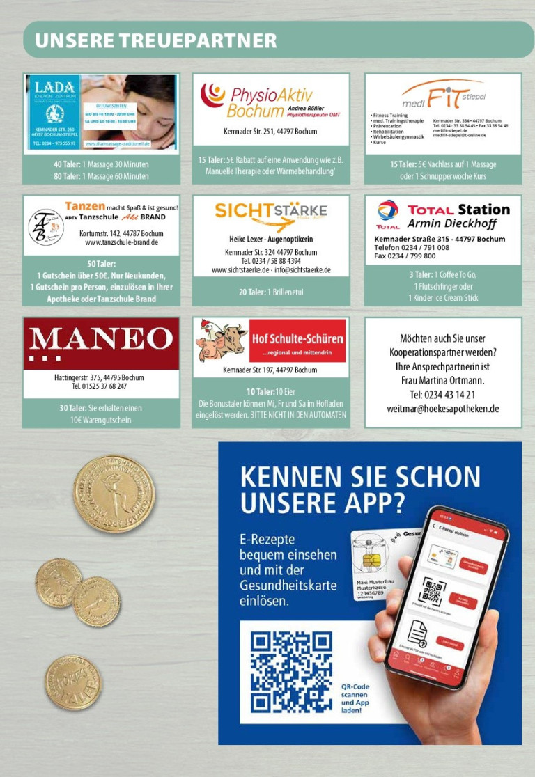 Verschiedene Gutscheine und Angebote von lokalen Bochumer Unternehmen wie Maneo, Hof Schulte-Schüren, Sichtstärke, Total Station Armin Dieckhoff und ADV Tanzschule Brand sowie Hinweis auf die App der Hökes Apotheke.