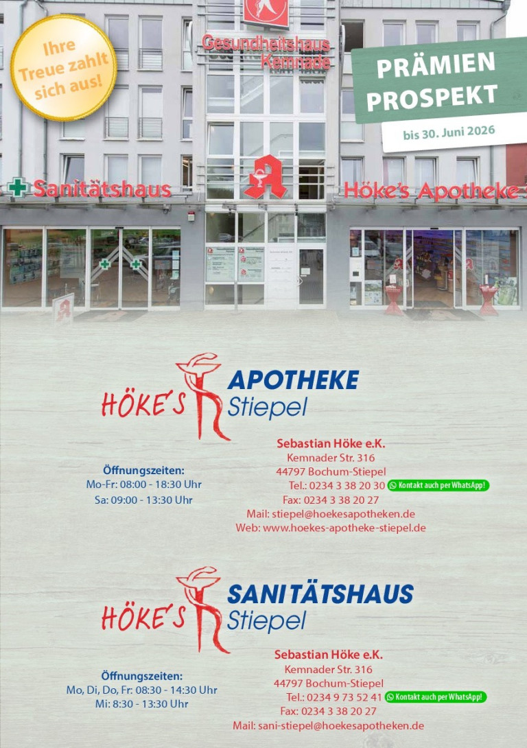 Eingang von Höke's Apotheke und Sanitätshaus in Bochum-Stiepel, Kemnader Straße 316