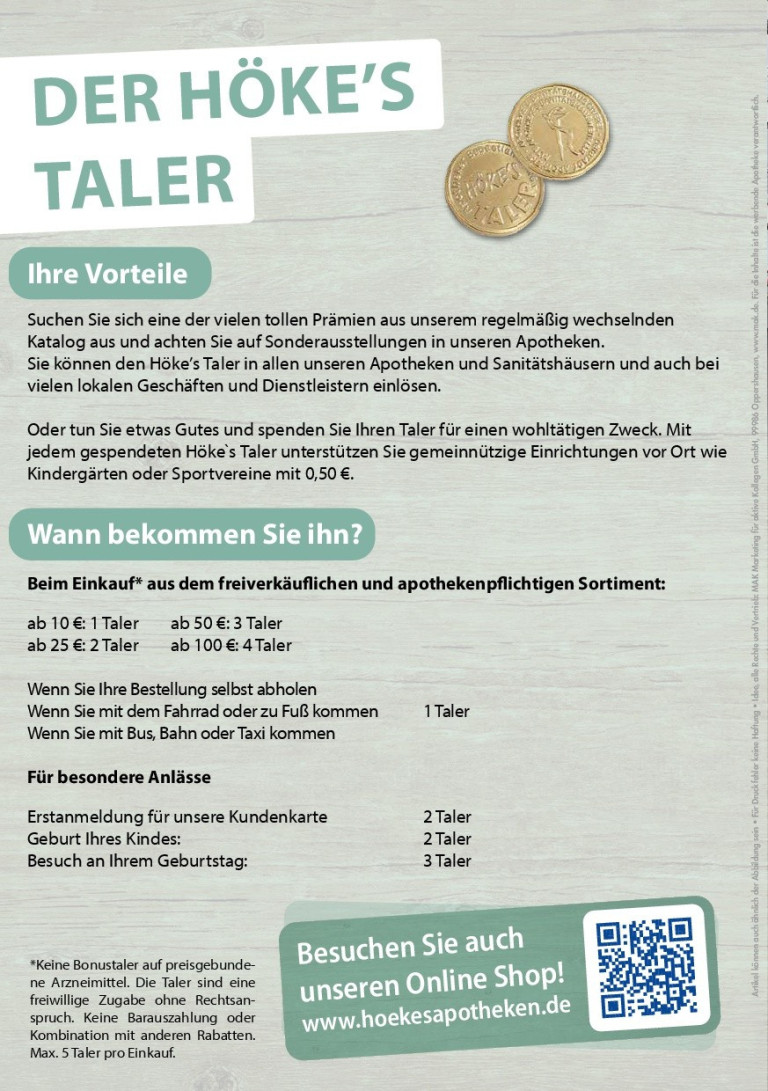 Informationen zum Höke's Taler Prämienprogramm und Vorteilen in Apotheken