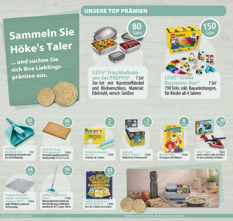Prämienübersicht Höke's Taler mit GEFU Frischhaltedosen, LEGO Bausteine-Box und weiteren Prämien