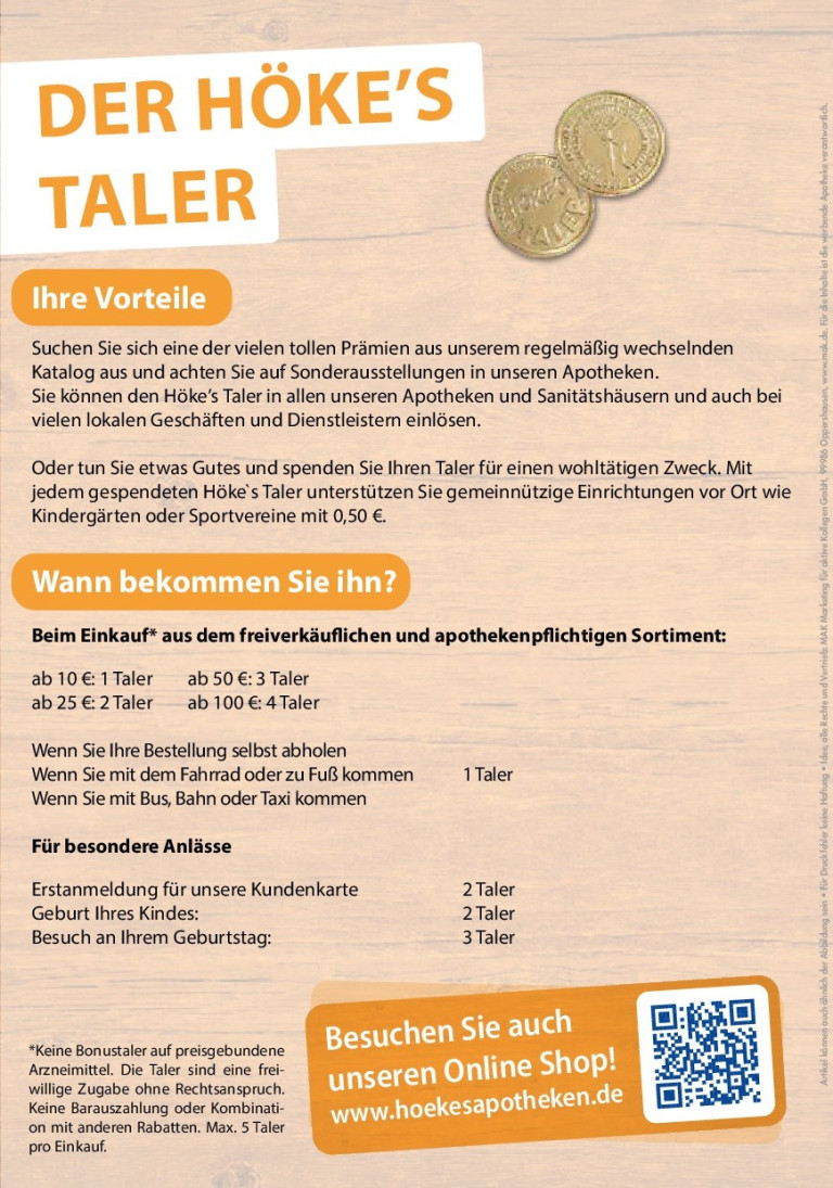 Informationsblatt zu Höke's Taler Vorteilen und Sammelaktionen in Apotheken