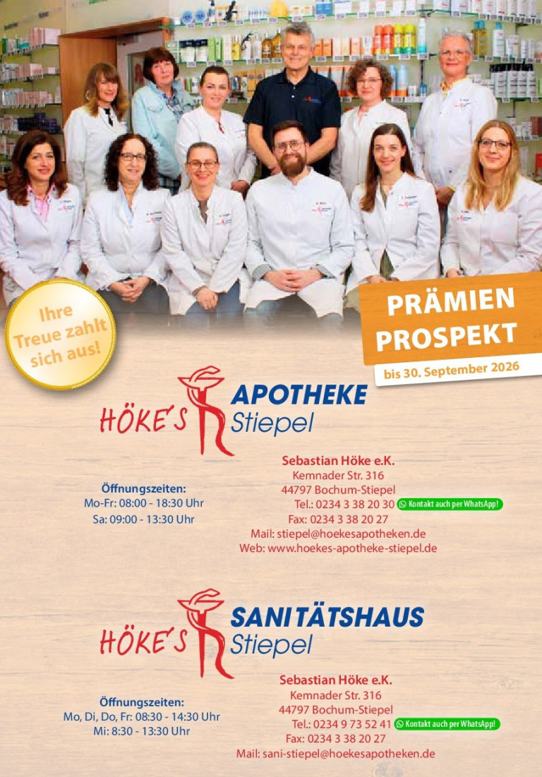 Team der Höke's Apotheke und Sanitätshaus Stiepel in Bochum mit Prämienprospekt bis 30. September 2026