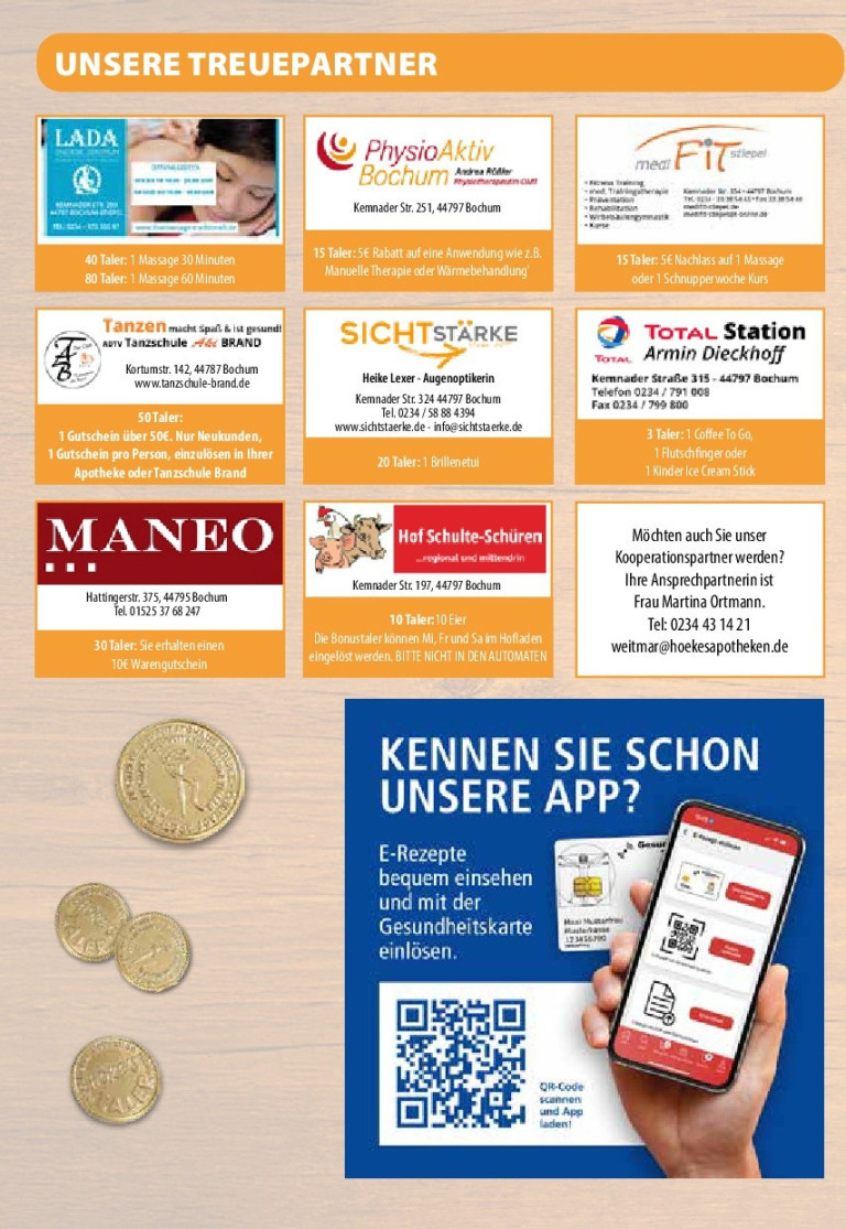 Verschiedene Gutscheine und Bonusaktionen von Unternehmen in Bochum, darunter Tanzschule Brand, Sichtstärke, Total Station Armin Dieckhoff, MANEO und Hof Schulte-Schüren, sowie Werbung für eine Apotheken-App.