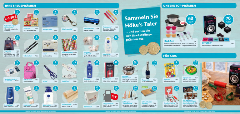 Prämienprospekt Seite 22 mit Übersicht der Höke's Taler Prämien wie Taschenlampe, Badezusatz, Wasserbad-Schmelzschale, Tankgutschein und Kinderbuch