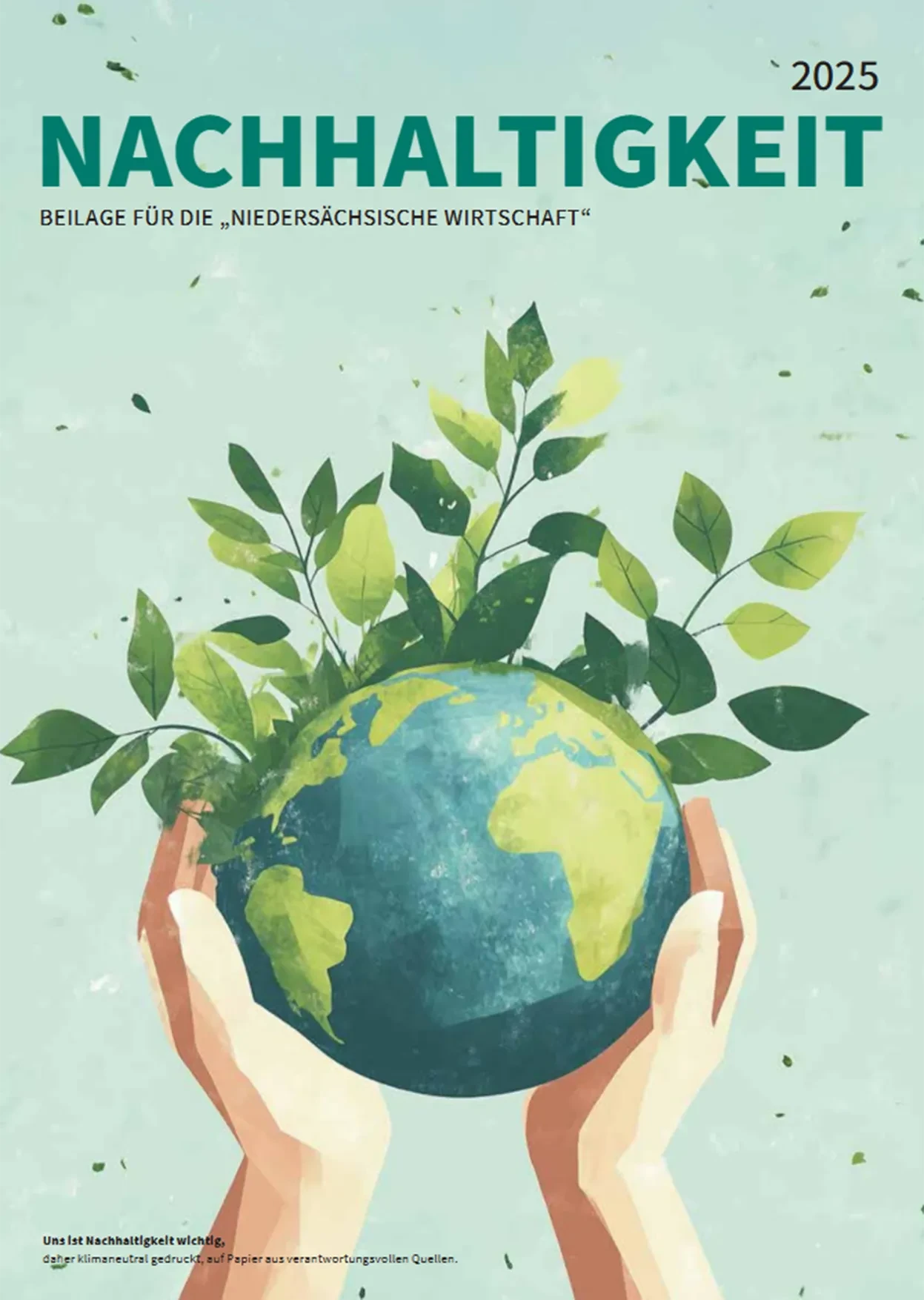 Illustration einer Weltkugel mit Pflanzen für das Sonderheft zur Nachhaltigkeit 2025