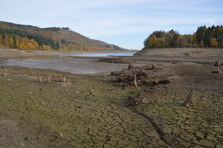 Trockenheit in der Innerstetalsperre mit rissigem Boden und Herbstlandschaft