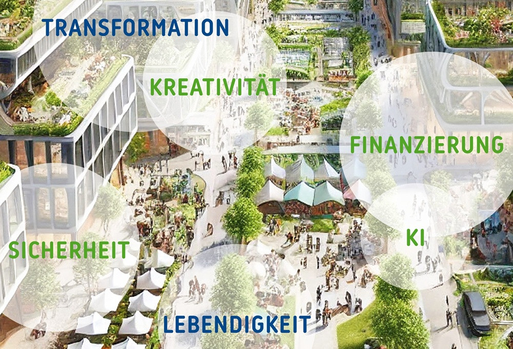 Forum Stadtmarketing 2025 Titelmotiv – urbane Stadtentwicklung, Kreativität und Zukunftstrends Titelmotiv des Forum Stadtmarketing 2025 mit urbaner Szene, Menschen, Marktständen und den Begriffen Kreativität, Transformation, Lebendigkeit, Nachhaltigkeit und Finanzierung.