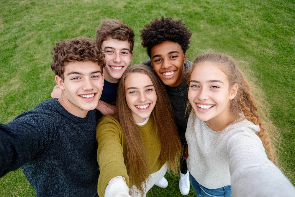 Freunde beim Selfie im Grünen – Gruppenfoto im Freien Gruppe von Freunden macht ein Selfie im Freien auf einer Wiese