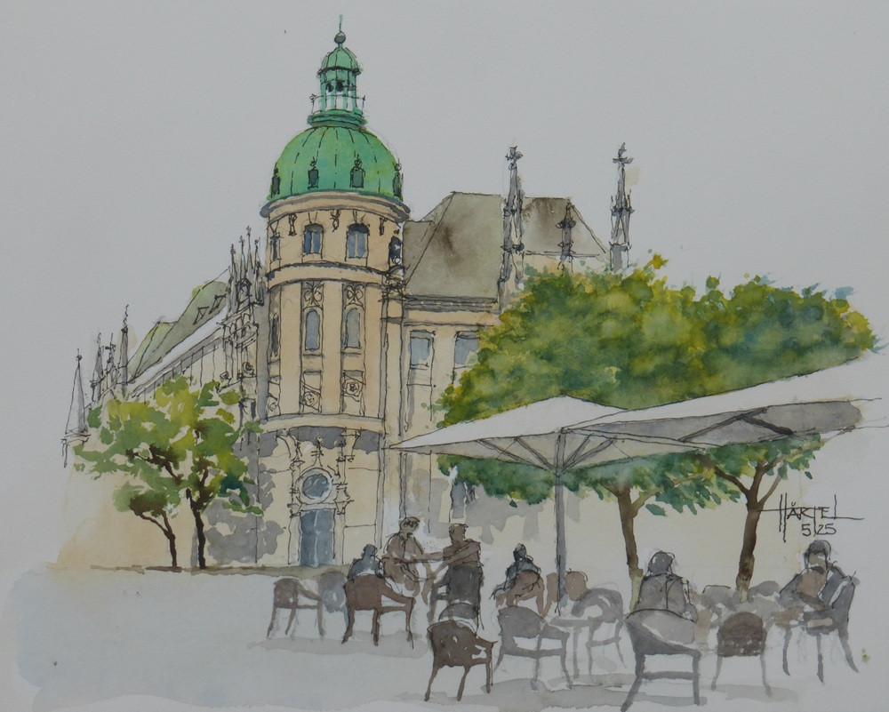Aquarell von Haertel: Historisches Gebäude mit Kuppel und Straßencafé Aquarellzeichnung eines historischen Gebäudes mit grünem Kuppeldach und Straßencafé, von Haertel