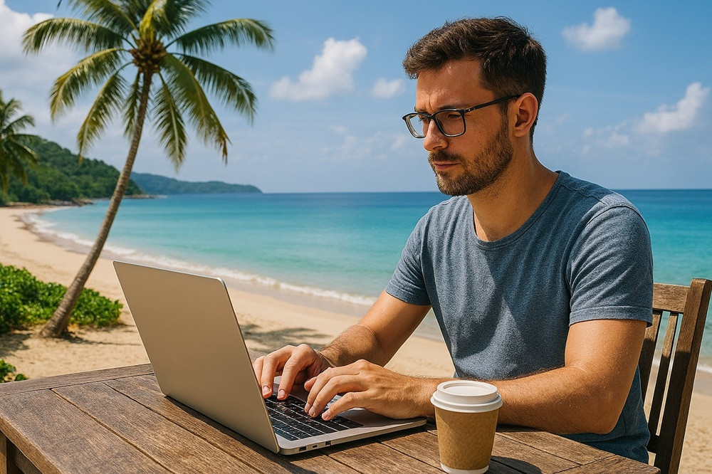 Praxis international mobil arbeiten im Ausland – Person arbeitet am Laptop am Strand mit Meerblick