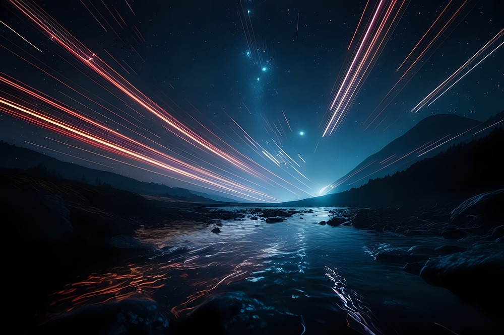 KI-generiertes Bild einer futuristischen Landschaft bei Nacht mit leuchtenden Lichtspuren am Himmel und reflektierendem Wasser