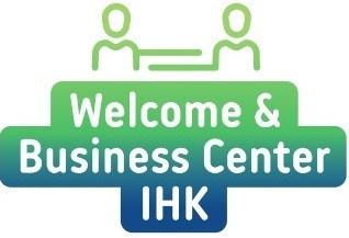 Logo des Welcome & Business Center der IHK, grafische Darstellung mit zwei stilisierten Personen und grün-blauem Farbverlauf