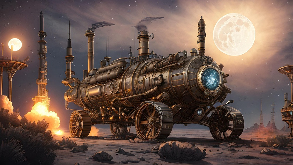 AI-generiertes Steampunk-Dampfmaschinen-Bild bei Nacht mit Vollmond AI-generiertes Bild einer Steampunk-Dampfmaschine auf Rädern bei Nacht mit Vollmond