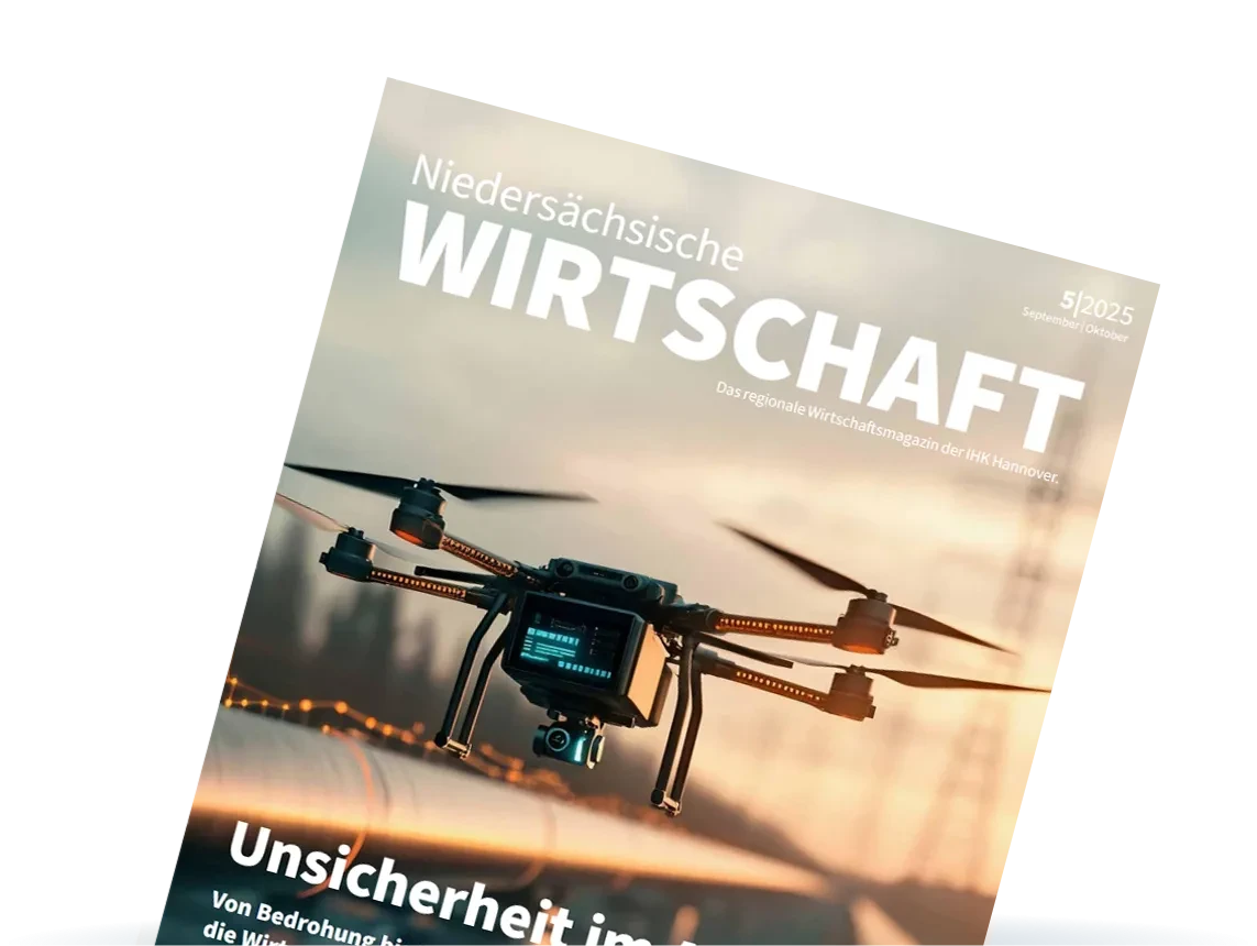 Titelbild des Magazins 'Niedersächsische Wirtschaft' (NDW) Ausgabe 05/2025 mit Drohne und Pipeline