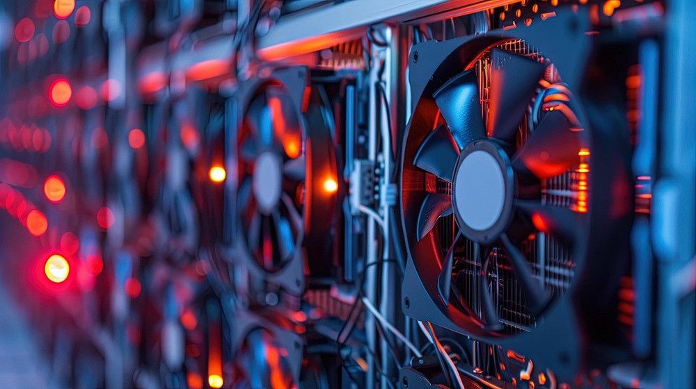 Server und Kühlventilatoren im Rechenzentrum für künstliche Intelligenz Rechenzentrum mit leistungsstarken Servern und Kühlventilatoren, künstliche Intelligenz Technologie