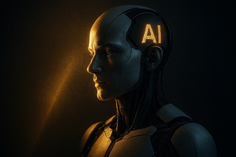 Copilot KI im Streiflicht – Futuristischer Roboter mit AI-Schriftzug Künstliche Intelligenz Copilot im Streiflicht, futuristischer Roboter mit leuchtendem AI-Schriftzug am Kopf