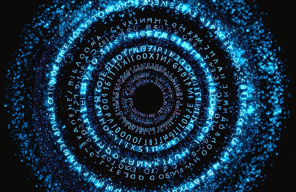 Künstliche Intelligenz: Digitale Datenströme und leuchtende Buchstaben in Spiralform Künstliche Intelligenz und digitale Datenströme in blauer Spiralform, symbolisiert durch leuchtende Buchstaben und Zahlen