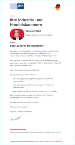 Phishing-Foto: Beispiel für eine gefälschte E-Mail an Unternehmen Beispiel eines Phishing-Versuchs per E-Mail mit gefälschtem Unternehmensanschreiben