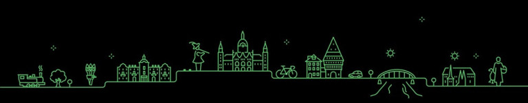 Collage mit IHK Hannover, Fahrrad und Gebäuden als grüne Liniengrafik auf schwarzem Hintergrund