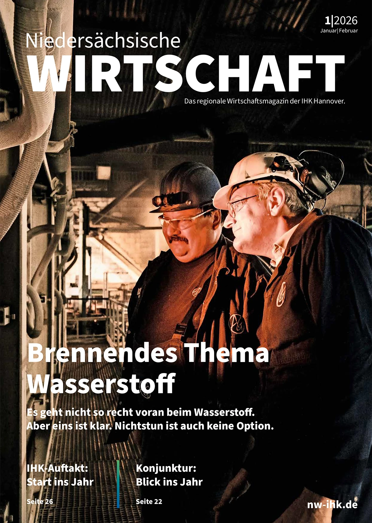 Titelbild des Wirtschaftsmagazins der IHK Hannover, Ausgabe 01/2026, mit Schwerpunkt Wasserstoff in der Industrie