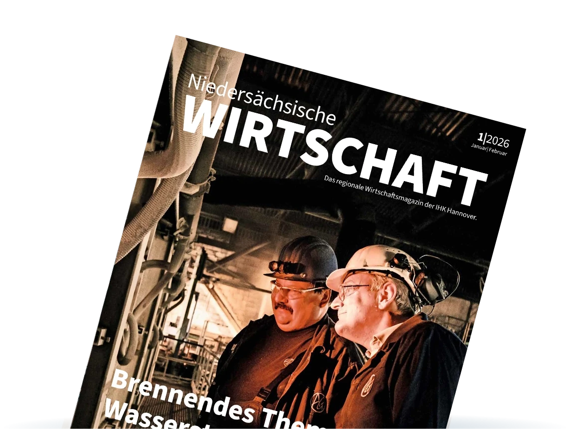Titelbild des Magazins Niedersächsische Wirtschaft, Ausgabe 01/2026, mit Fokus auf das Thema Wasserstoff in der Industrie