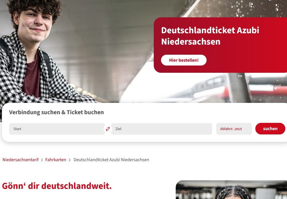 Screenshot der Webseite zum Deutschlandticket Azubi Niedersachsen mit Bestelloption