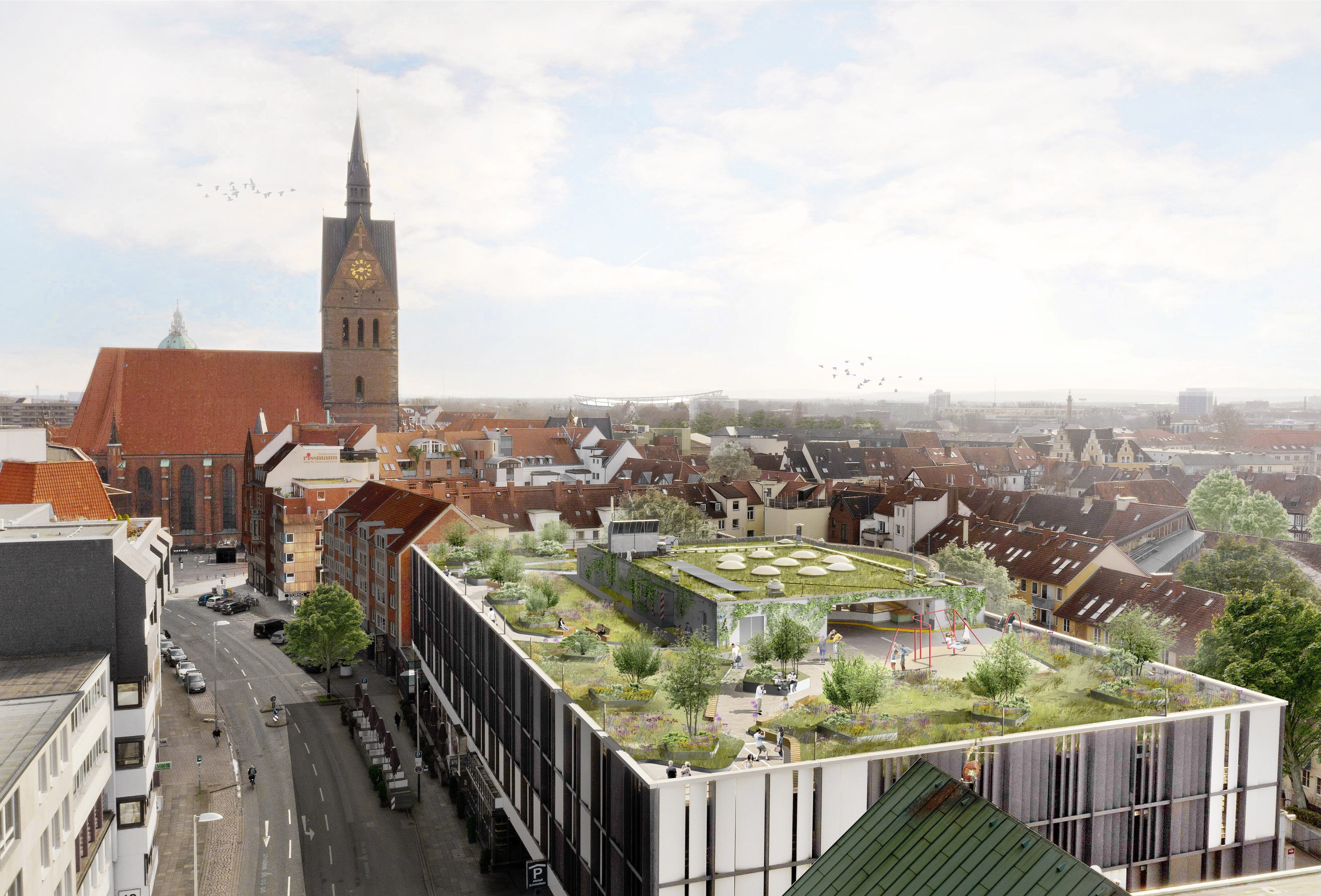 Visualisierung eines City Roofwalks mit begrünter Dachlandschaft und Stadtblick