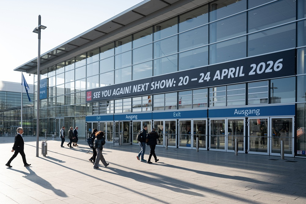 Eingang einer Messehalle mit Hinweisschild zur nächsten Veranstaltung, Menschen gehen durch den Ausgang, hm25-13-000849-web