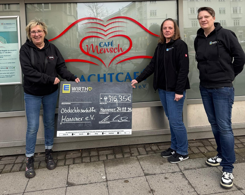 Spendenübergabe vor dem Café Mensch in Hannover an die Obdachlosenhilfe Hannover e.V. mit großem Scheck von EDEKA Wirth