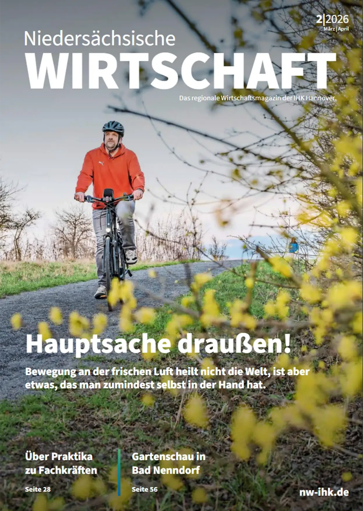 Titelbild ndw-02-2026: Person fährt Fahrrad an der frischen Luft auf einem Weg, Frühlingslandschaft, Hauptsache draußen