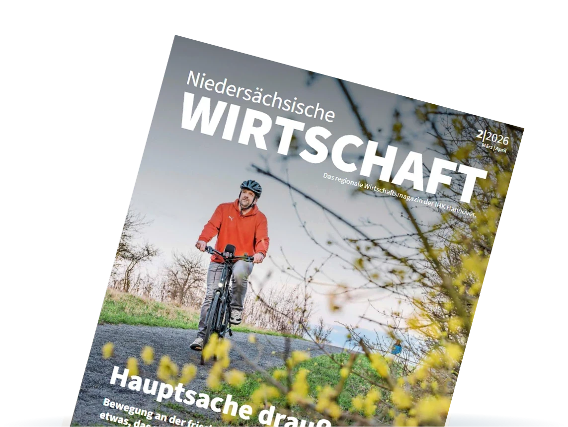 Titelbild des Magazins 'Niedersächsische Wirtschaft' Ausgabe 02/2026 mit Radfahrer in der Natur