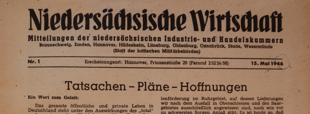 Titelseite der niedersächsischen Wirtschaftszeitung von 1946, Ausgabe Hannover, historische Zeitung