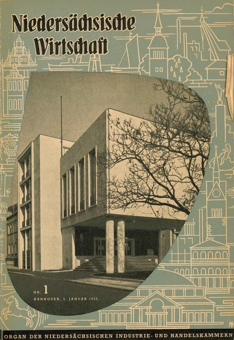 Titelbild einer Architekturzeitschrift von 1955 mit modernem Gebäude im Vordergrund
