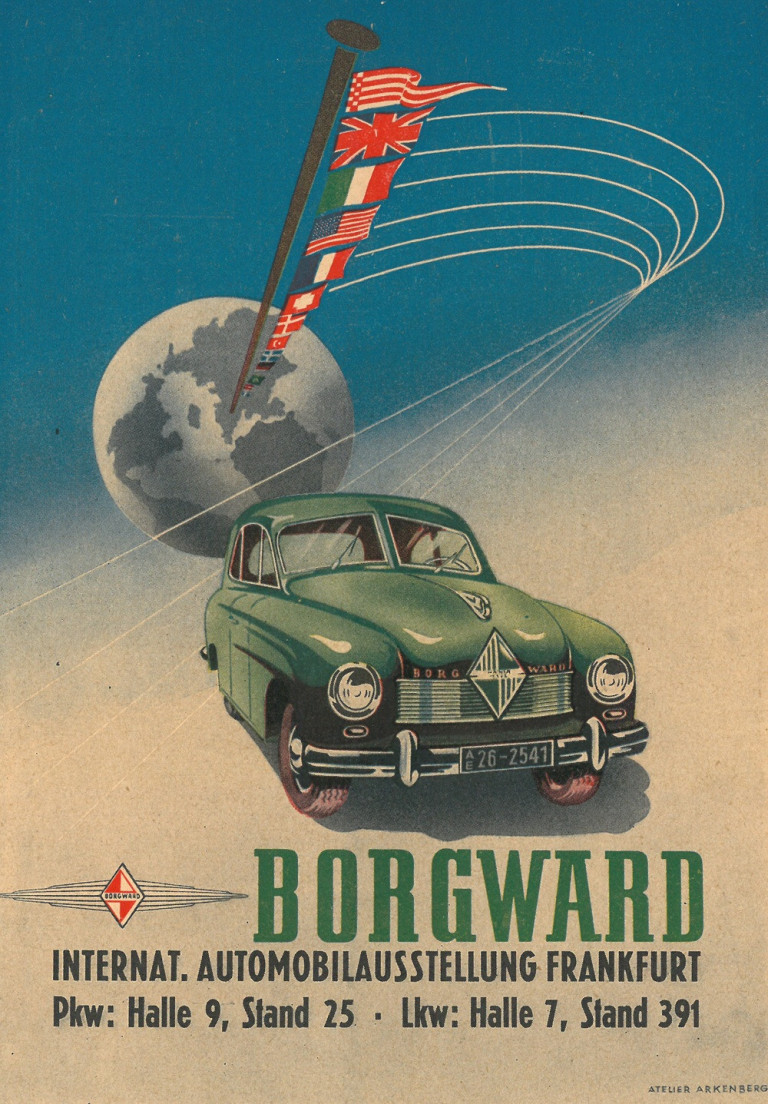 Historische Borgward Anzeige mit grünem Auto und Weltkugel im Hintergrund