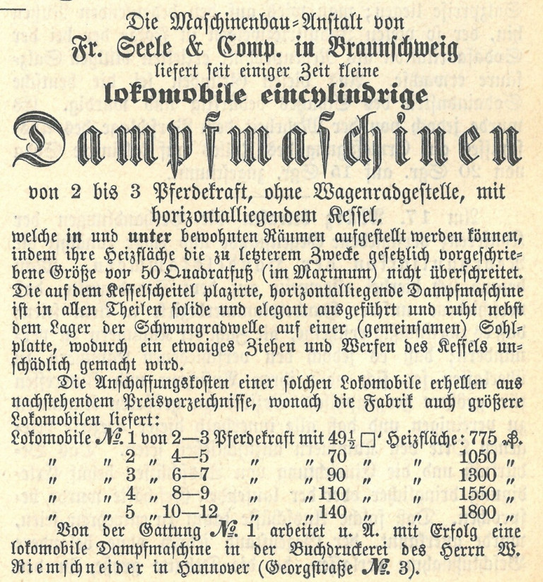 Historische Anzeige von Fr. Seele & Comp. aus Braunschweig für eincylindrige Lokomobile Dampfmaschinen, veröffentlicht im 19. Jahrhundert.
