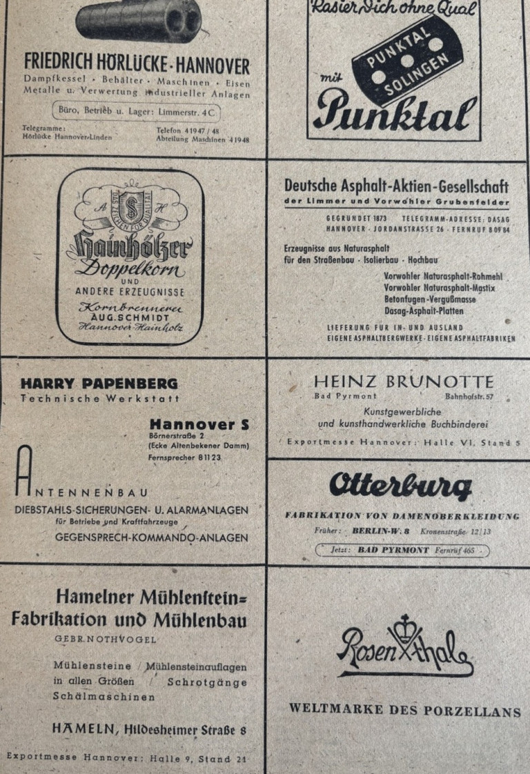 Historische Werbeanzeigen aus dem Neustart-Anzeigengeschäft, unter anderem mit Hainhölzer Doppelkorn, Deutsche Asphalt-Aktien-Gesellschaft und weiteren Firmen.