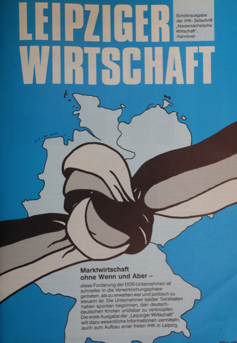 Illustration zur Leipziger Wirtschaft mit Knoten vor Deutschlandkarte und Text zur Marktwirtschaft