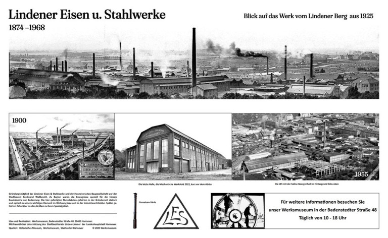 Tafel mit historischen Bildern und Informationen zu den LES Eisen- und Stahlwerken Hannover Historische Übersicht der LES Eisen- und Stahlwerke Hannover mit Werksgebäude, Industrieanlagen und Logo