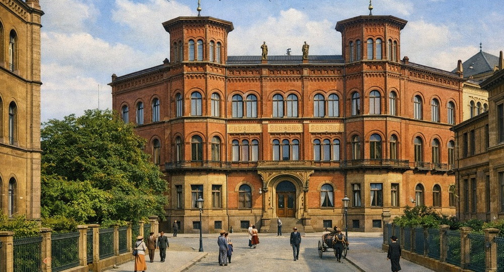 Historisches Gebäude in Farbe, Menschen auf dem Vorplatz – him-farbe-web