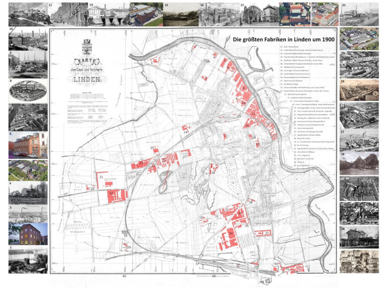 Historische Karte der größten Fabriken in Linden um 1900