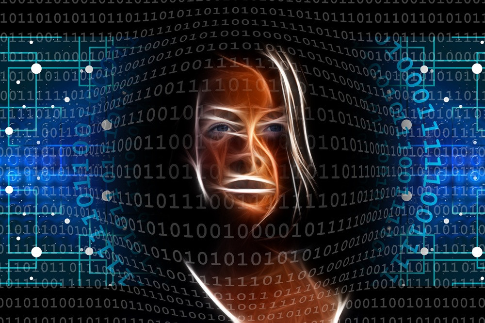 Künstlerische Darstellung von künstlicher Intelligenz mit digitalem Gesicht und Binärcode, inspiriert von Geralt