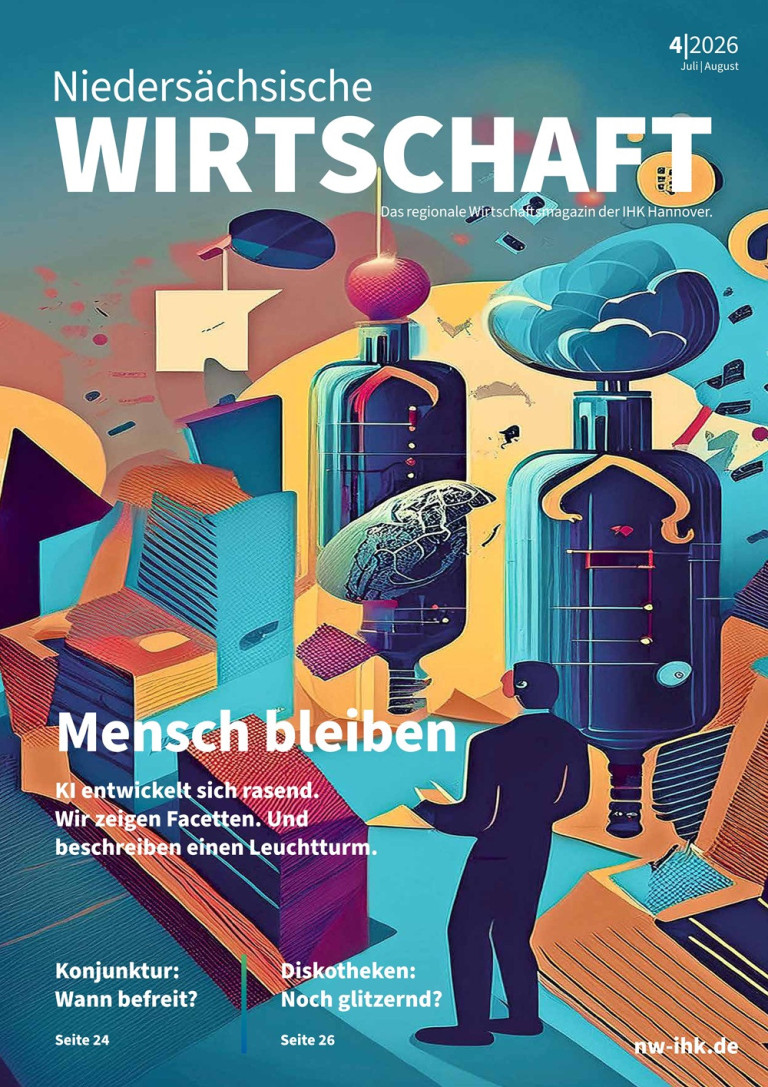 Titelbild August: Wirtschaftsmagazin IHK Hannover – Mensch bleiben im Zeitalter der Künstlichen Intelligenz Titelbild August-Ausgabe des Wirtschaftsmagazins IHK Hannover zum Thema Künstliche Intelligenz und Menschlichkeit