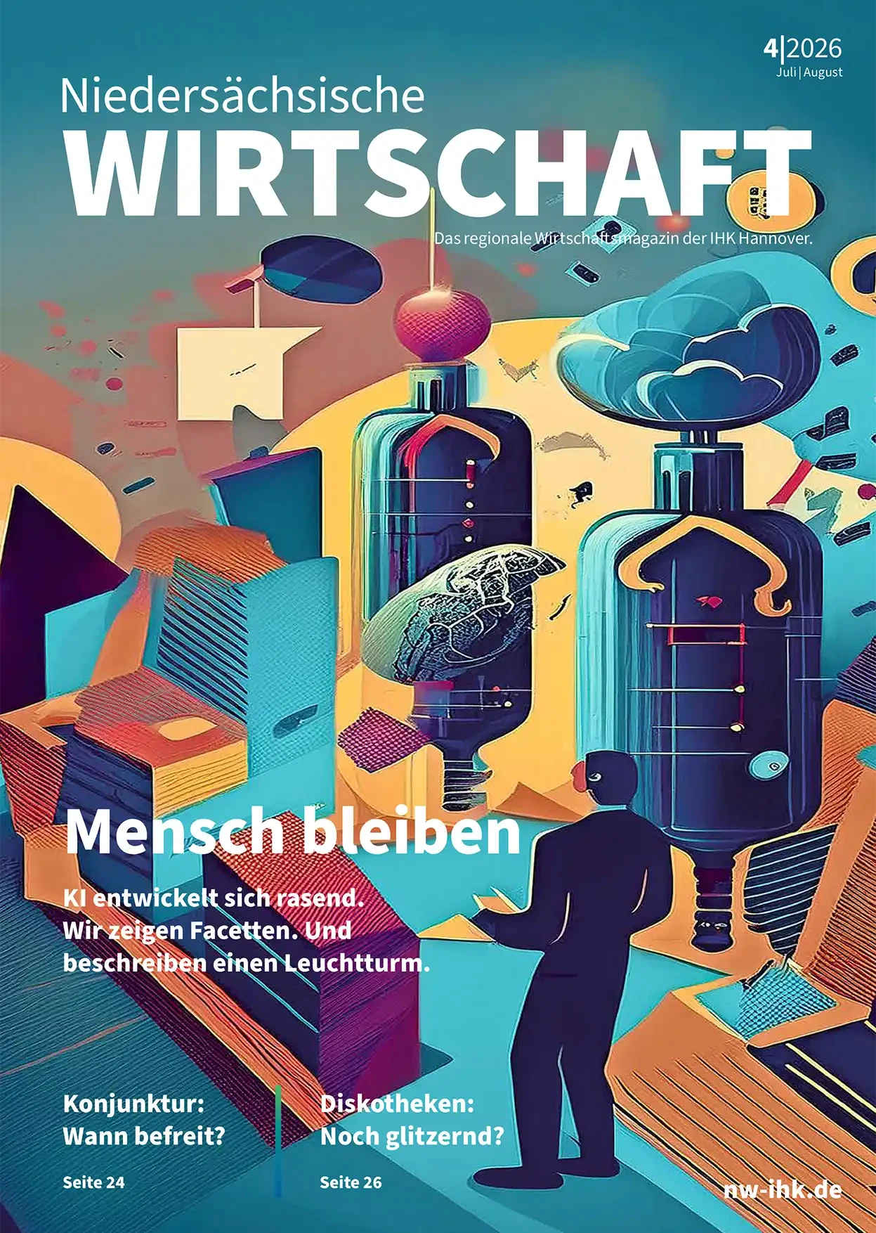 Titelseite des Wirtschaftsmagazins NDW 04/2026 mit abstrakter Illustration zu Künstlicher Intelligenz und Menschlichkeit