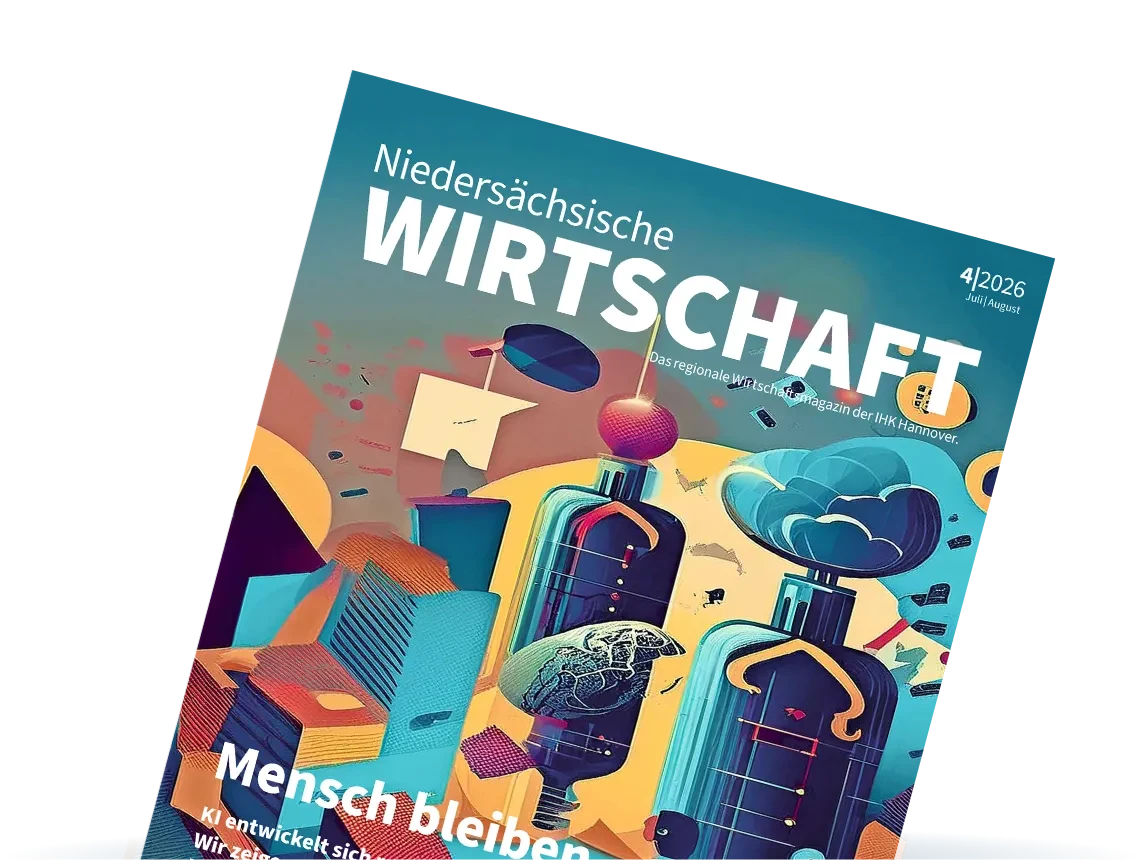 Titelbild des Magazins Niedersächsische Wirtschaft Ausgabe 04/2026 mit abstrakter Illustration und Schwerpunkt KI