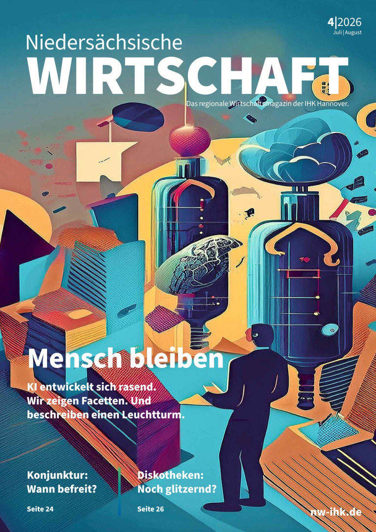Titelbild August-Ausgabe des Wirtschaftsmagazins IHK Hannover mit abstrakter Illustration zu Künstlicher Intelligenz und dem Motto 'Mensch bleiben'.