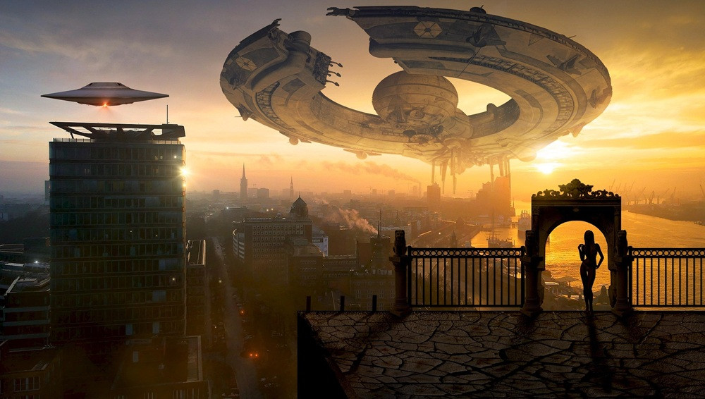 kellepics Fantasy-Szene mit riesigem Raumschiff ber futuristischer Stadt bei Sonnenuntergang